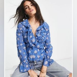Free People Blue Floral Ruffle Wrap Blouse